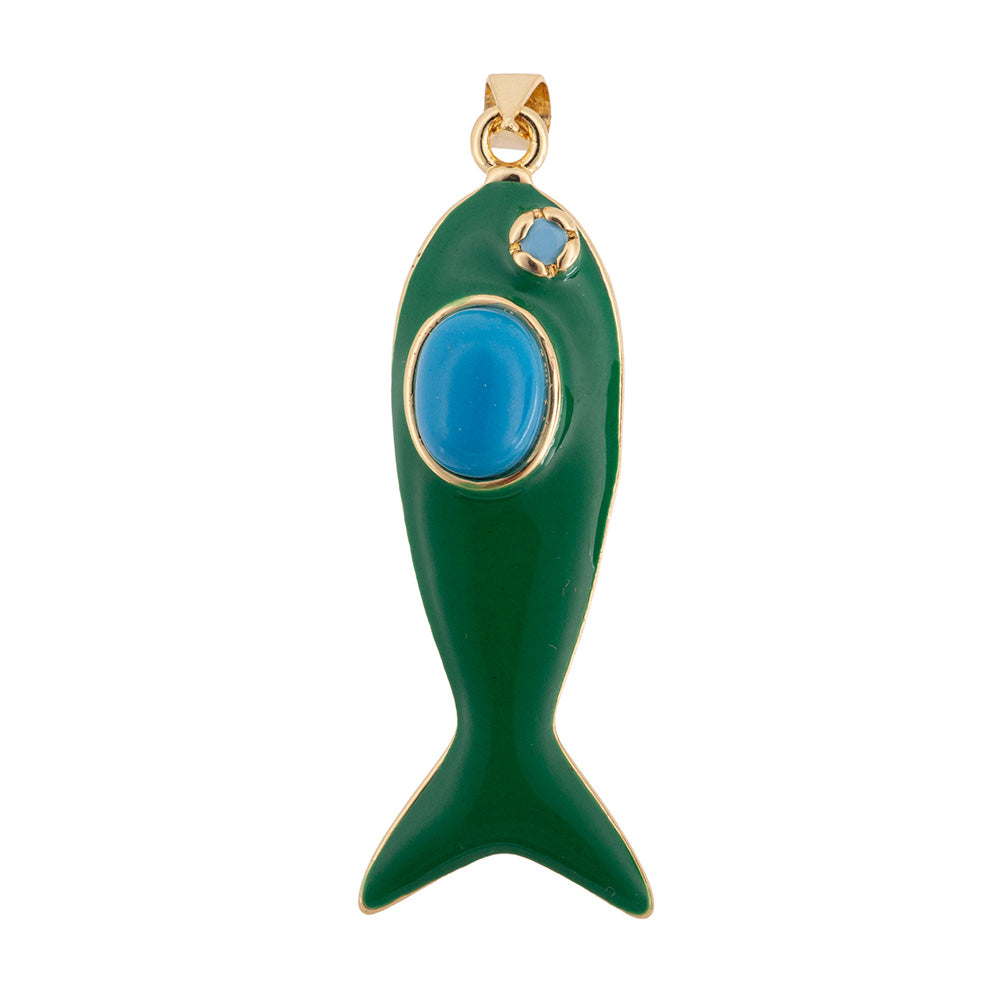 Dije Pez Esmaltado Verde con Piedra Azul 43x12.5mm Dorado