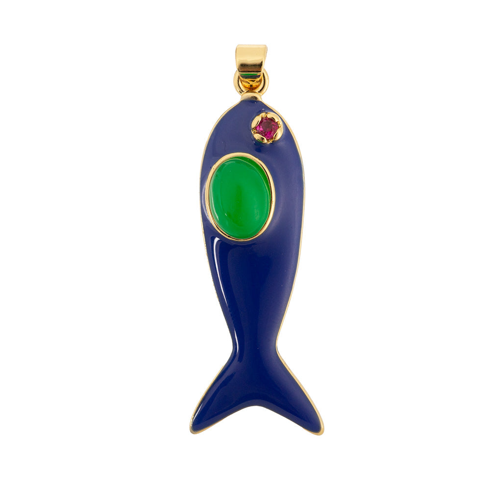Dije Pez Esmaltado Azul con Piedra Verde 43x12.5mm Dorado