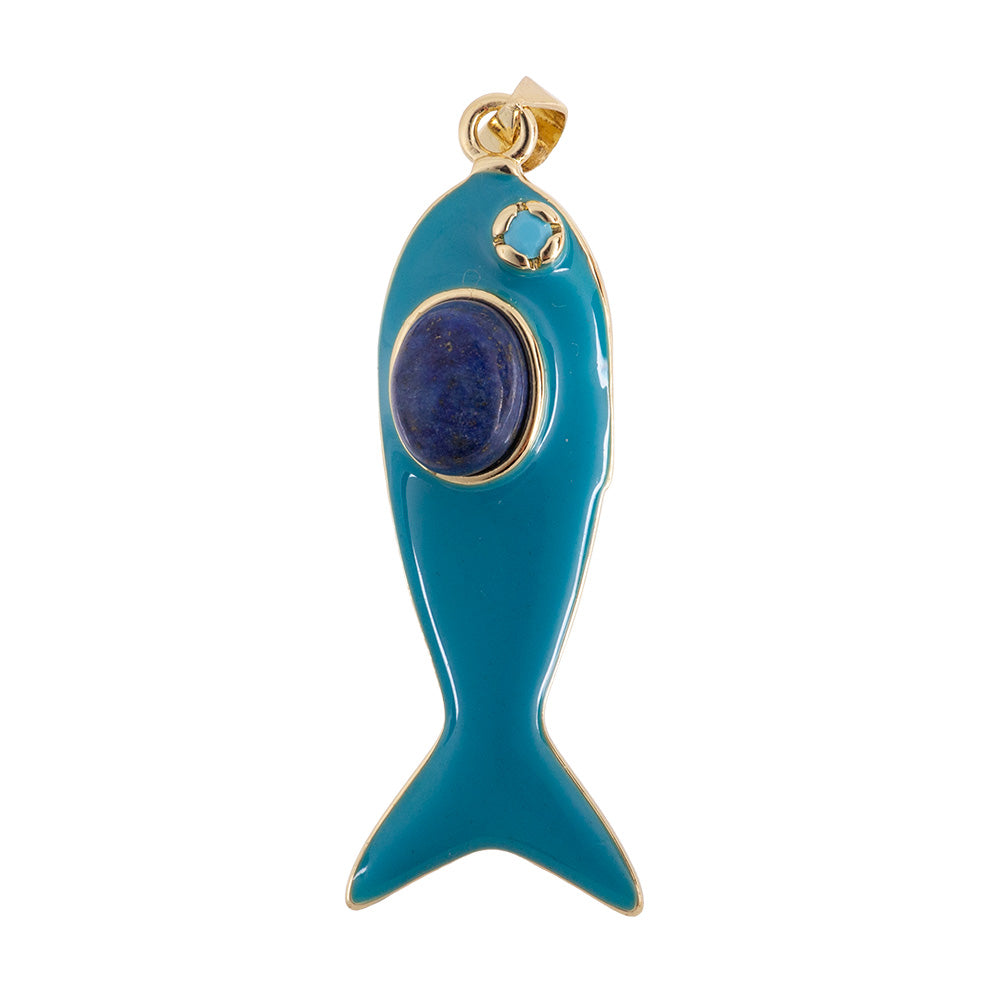 Dije Pez Esmaltado Azul Turquesa con Piedra Azul 43x12.5mm Dorado