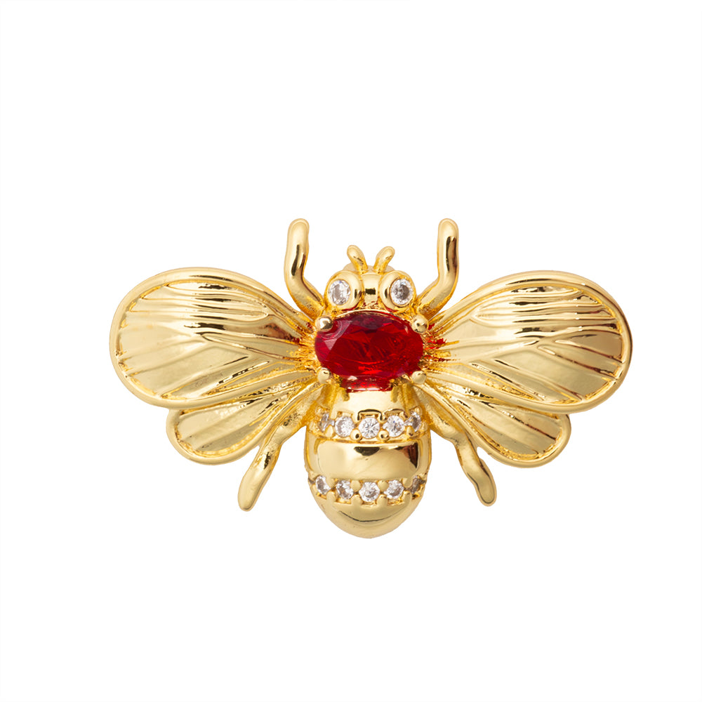 Dije Chapa Abeja con Circonia y Piedra Roja 19x29mm Dorado