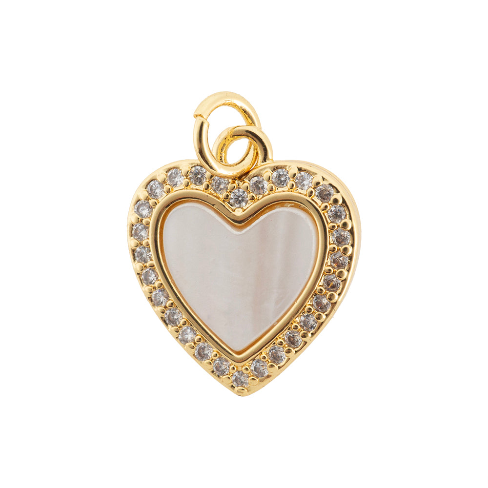 Dije Chapa Corazon con Madre Perla y Circonia Micromontado 16x14mm Dorado