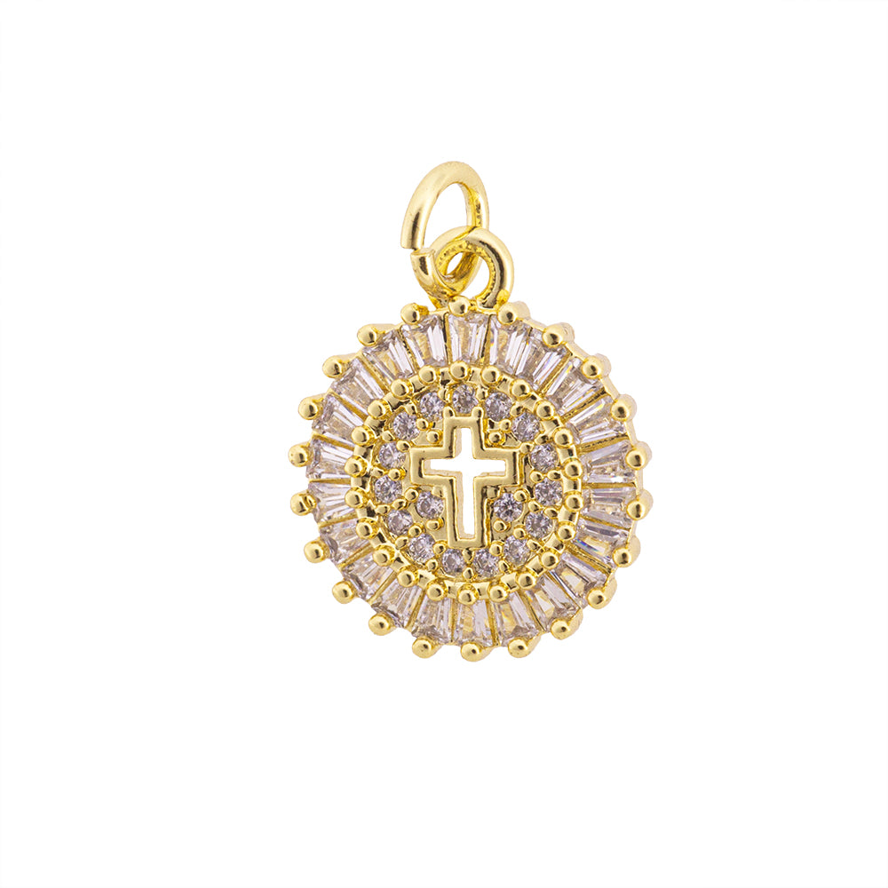 Dije Redondo con Cruz y Circonia 16x13.5mm Dorado