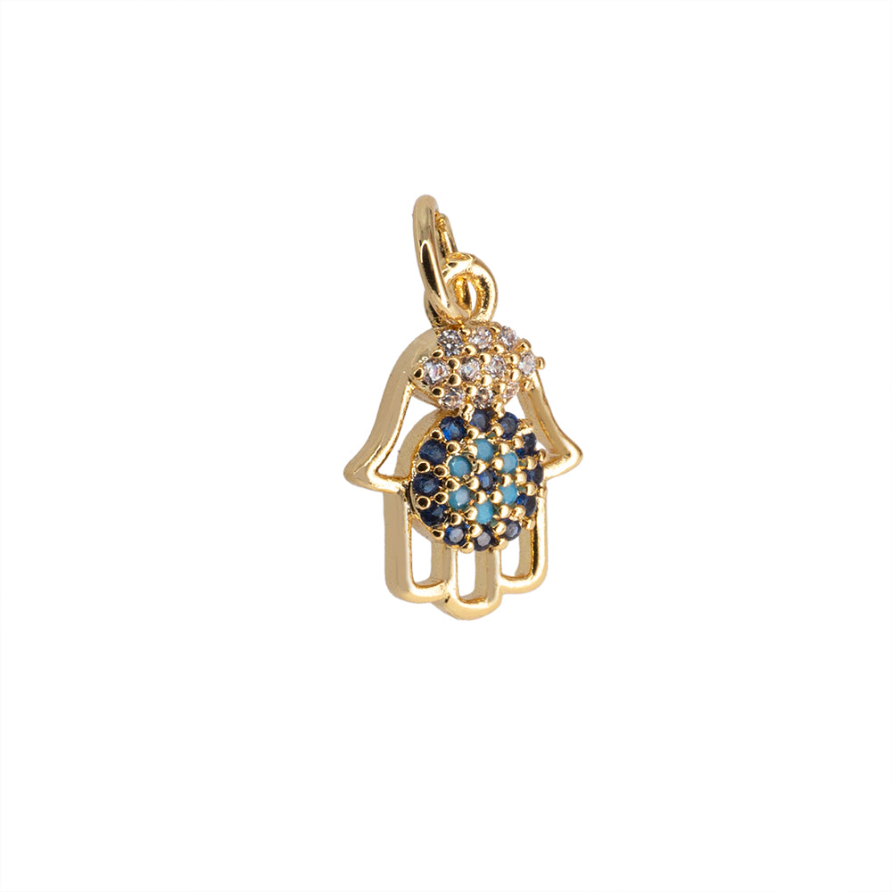 Dije Mano Hamsa con Circonia Azul 14x10mm Dorado