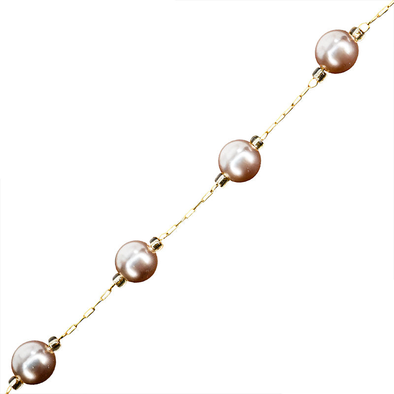 Cadena Chapa con Perla de Vidrio Gris 6mm Dorado