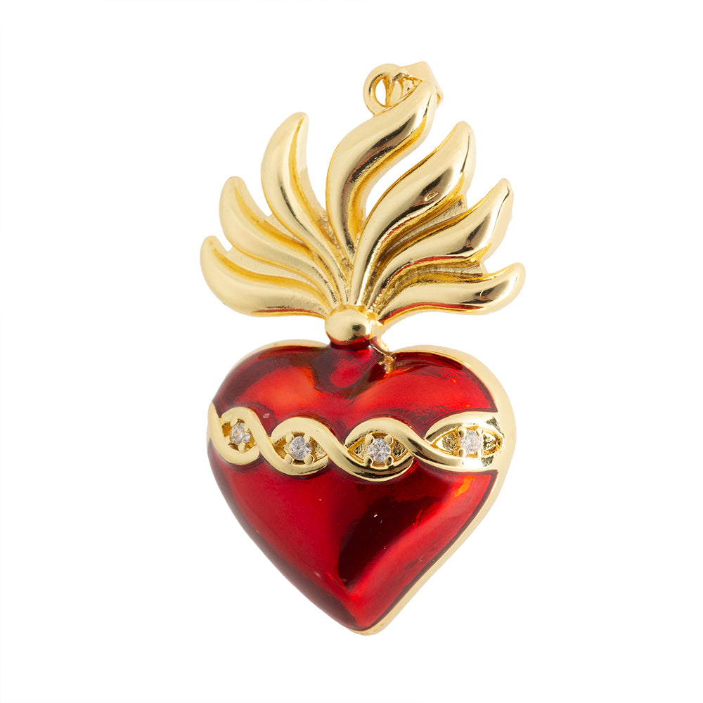 Dije Corazón Esmaltado Rojo con Torzal y Circonia 43x25.5mm Dorado
