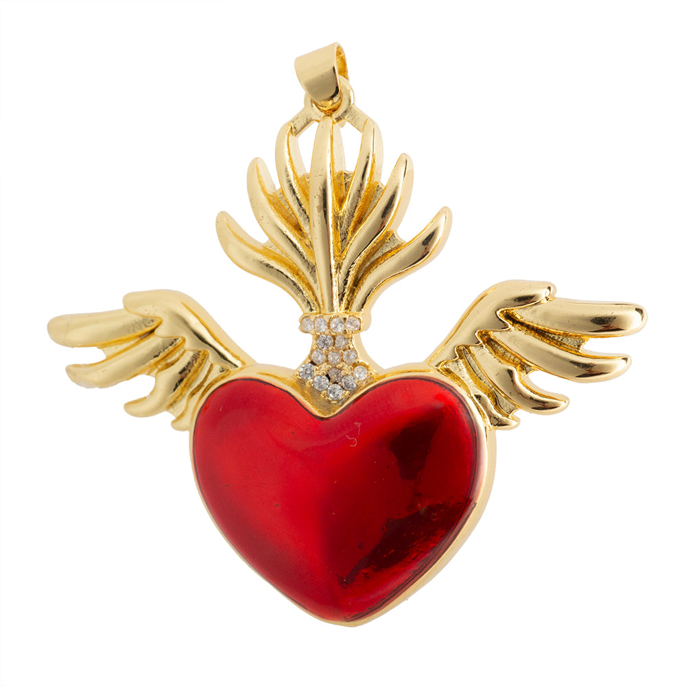 Dije Corazón con Alas Esmaltado Rojo con Circonia 42.5x48mm Dorado