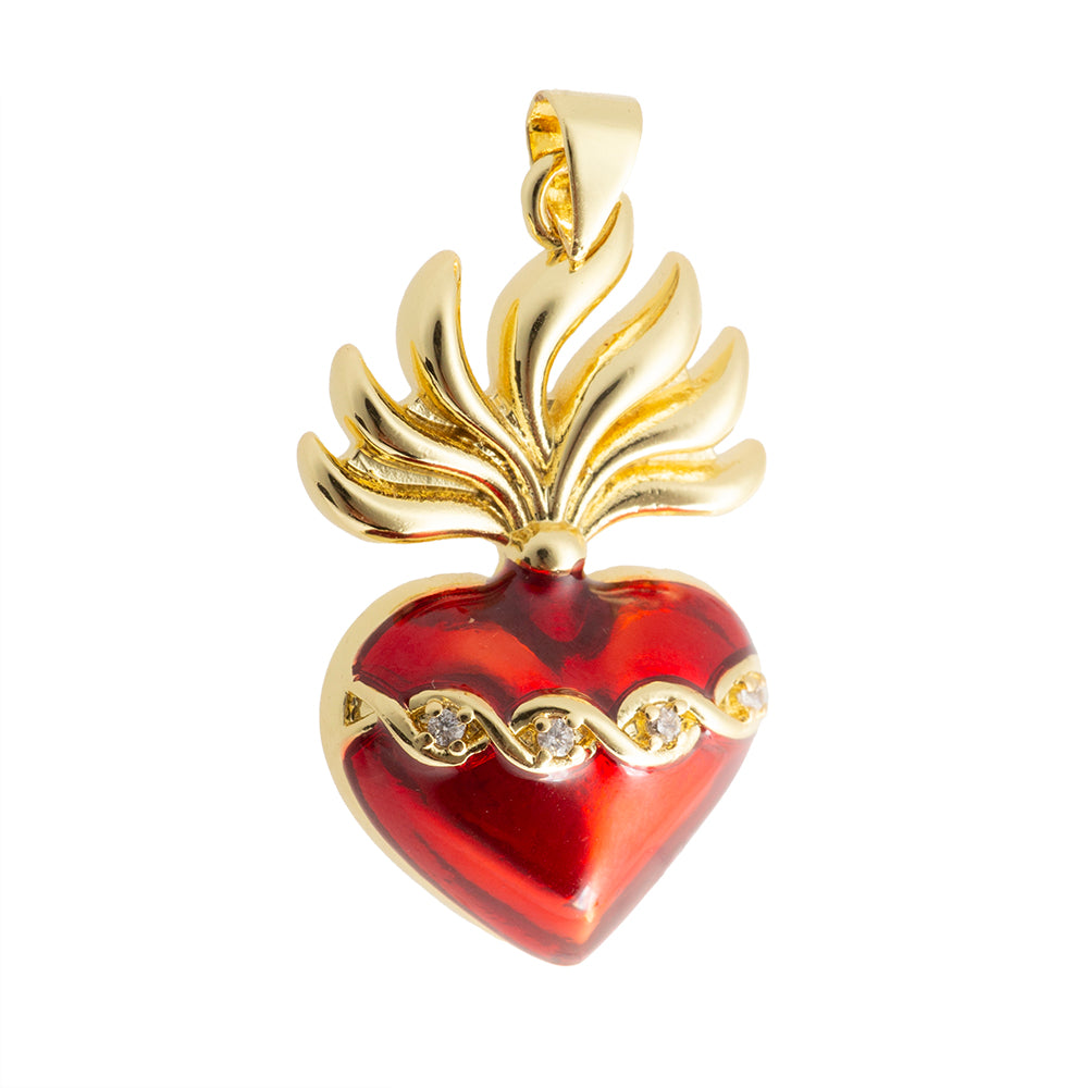 Dije Corazón Esmaltado Rojo con Torzal y Circonia 32x19mm Dorado