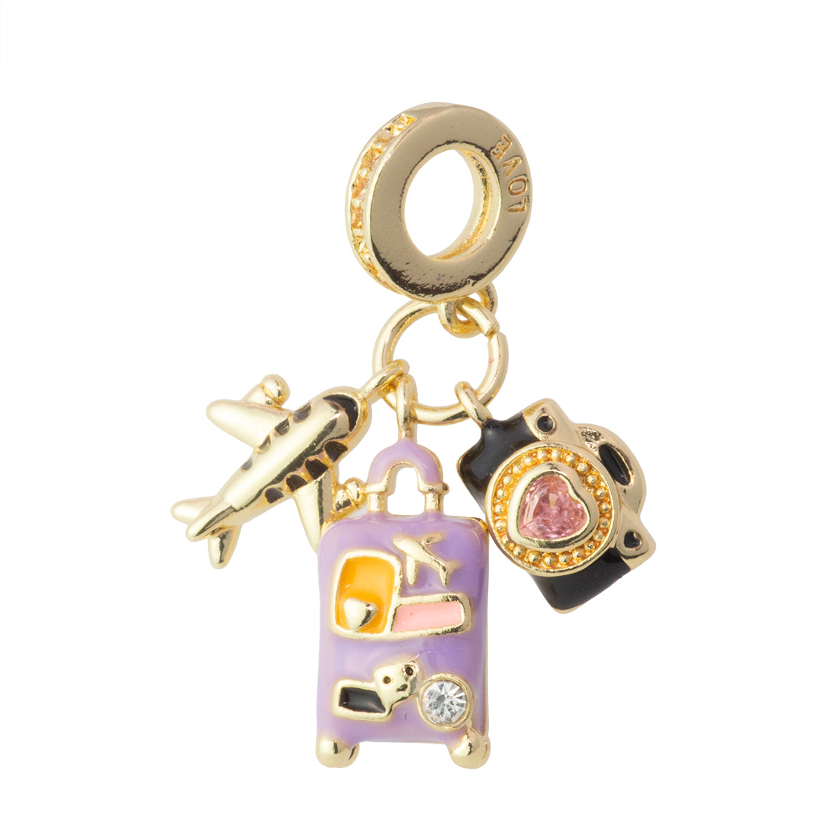 Dije Maleta Avión Cámara con Circonia 11x2mm Dorado