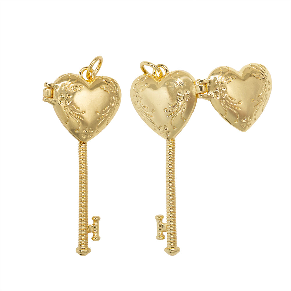 Dije Chapa Relicario Llave Corazón 36.3x15.7mm Dorado