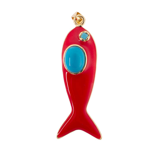 Dije Pez Esmaltado Rojo con Piedra Azul 43x12.5mm Dorado