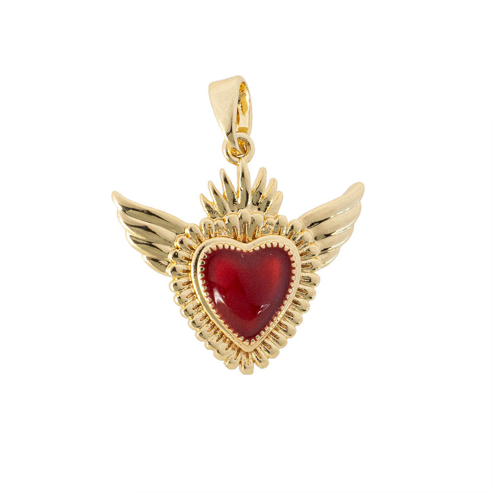 Dije Sagrado Corazón con Alas Esmaltado Rojo 20x21mm Dorado