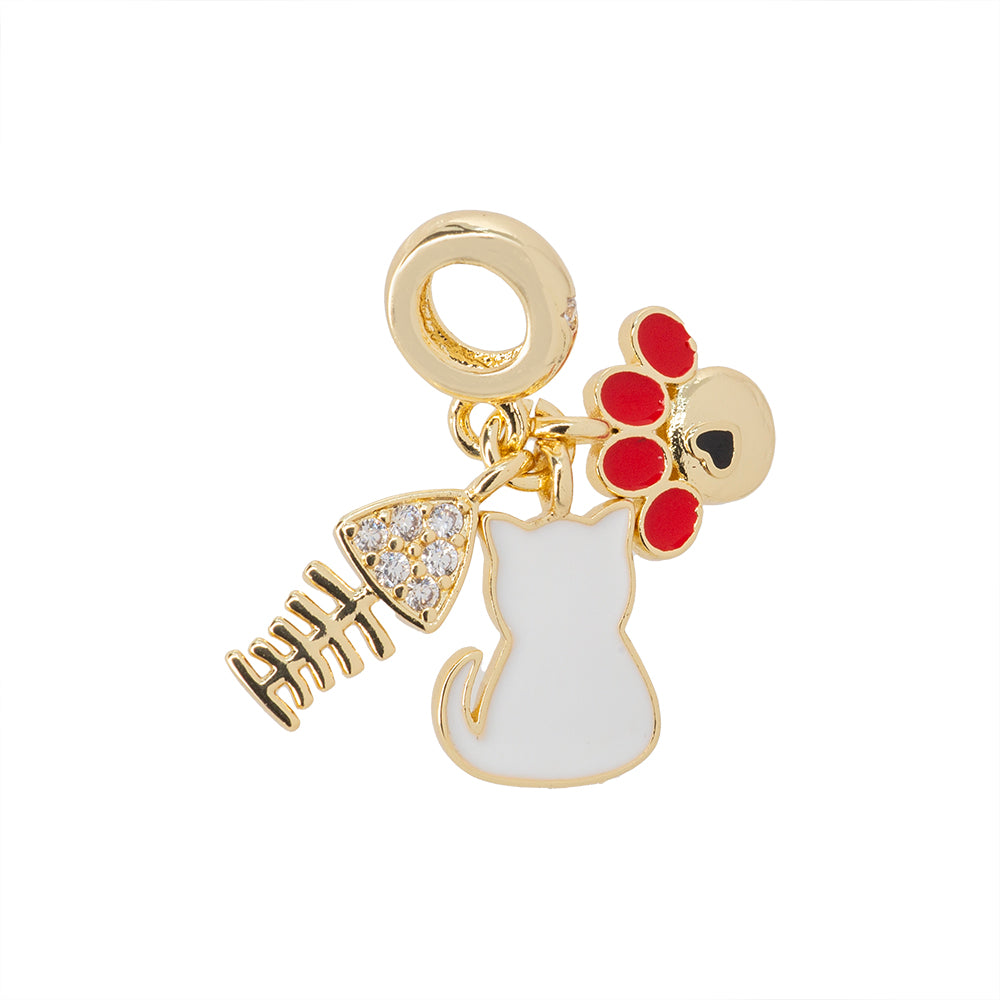 Dije Gato Pez y Huella Esmaltado con Circonia 11x2mm Dorado