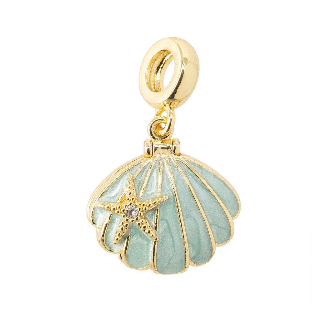 Dije Concha que se Abre con Perla Adentro Esmaltado Azul con Circonia 11x2mm Dorado