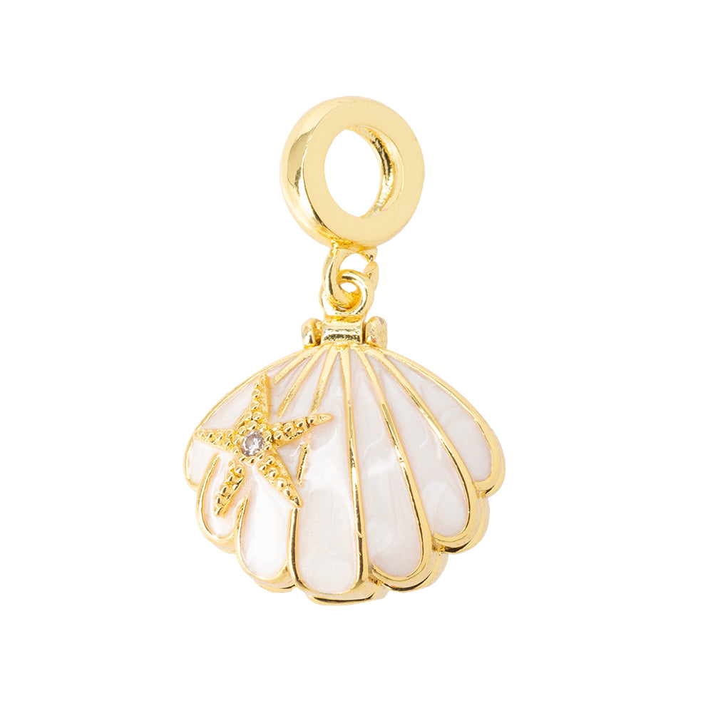 Dije Concha que se Abre con Perla Adentro Esmaltado Blanco con Circonia 11x2mm Dorado