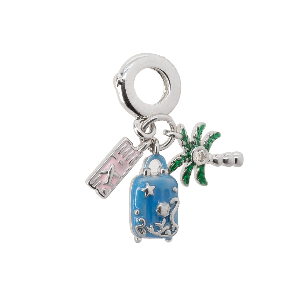 Dije Boleto de Avión Maleta y Palmera Esmaltado 11x2mm Plateado