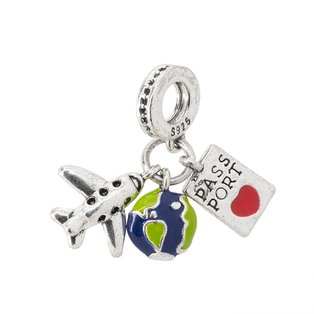 Dije Avión Mundo y Pasaporte Esmaltado 11x2mm Plateado