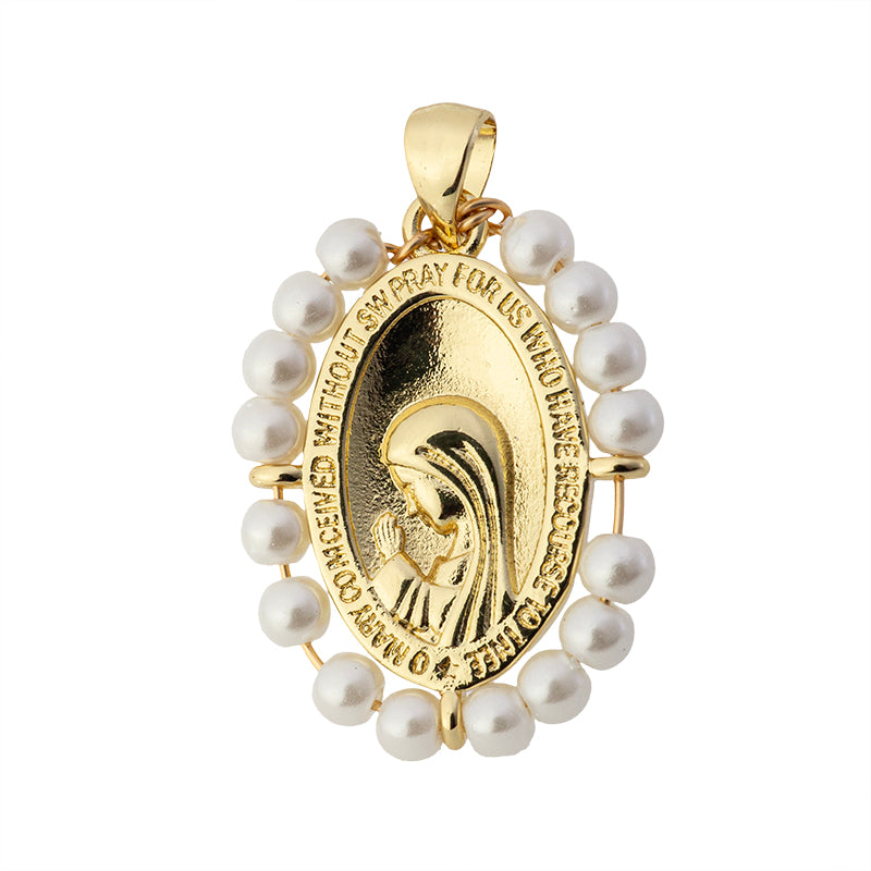 Medalla Chapa Oval con Perla Virgen 26x20mm Dorado