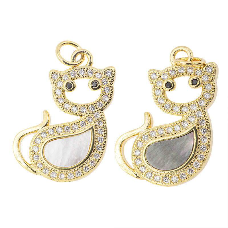 Dije con Circonia y Madre perla Gato 21.5x18mm Dorado