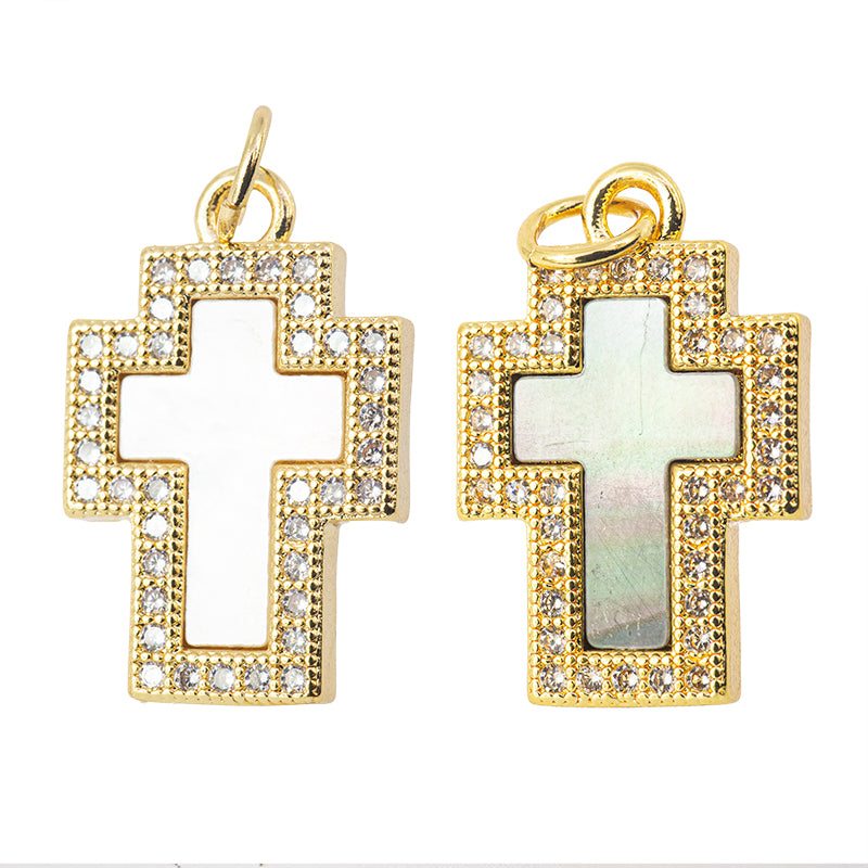 Dije con Circonia y Madre Perla Cruz 19x12.5mm Dorado