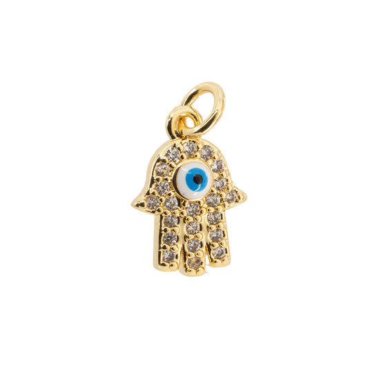 Dije Chapa con Circonia Mano Hamsa con Ojo Turco 14x9.5mm Dorado