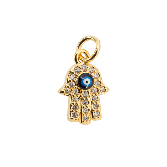 Dije Chapa con Circonia Mano Hamsa con Ojo Turco 14x9.5mm Dorado