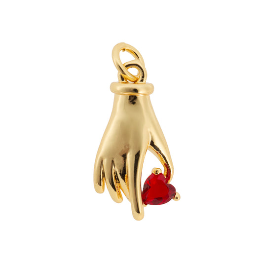 Dije Chapa Mano con Piedra Roja 19x10mm Dorado