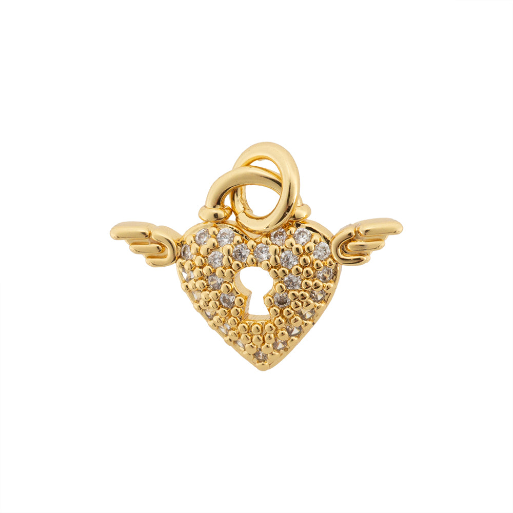 Dije Corazón con alas con Circonia 12x16.5mm Dorado