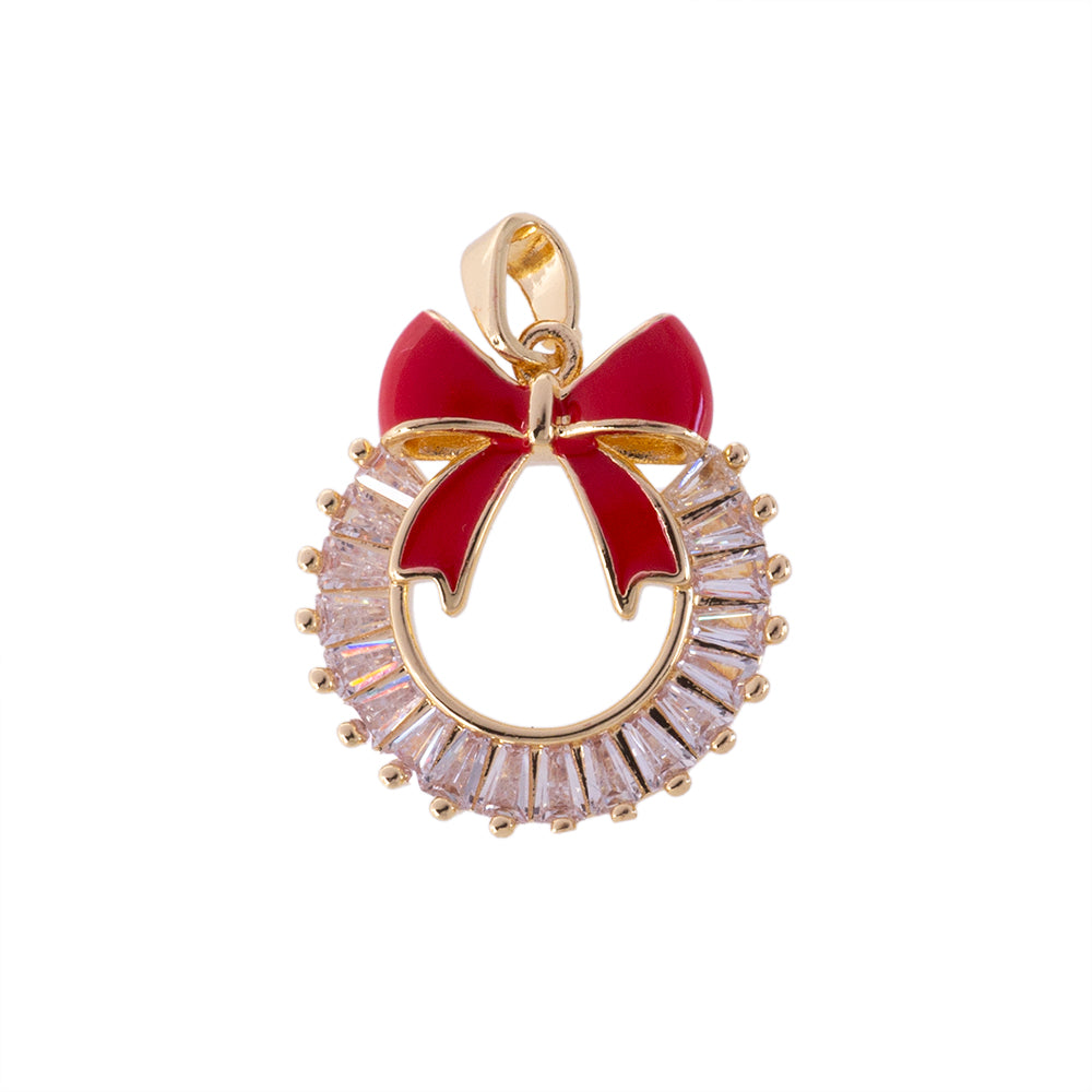 Dije Circular con Circonia y Moño Rojo 20x19mm Dorado