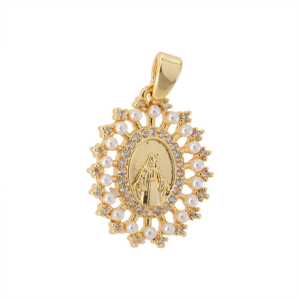 Dije Virgen Milagrosa Oval con Circonia y Perla 19x15mm Dorado
