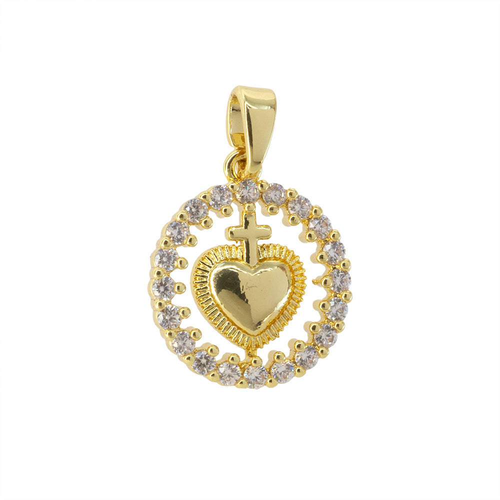 Dije Corazón Circular con Circonia 17x15mm Dorado