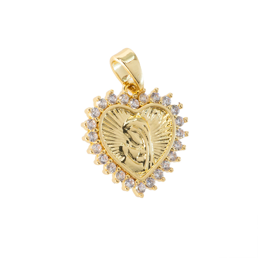 Dije Corazon con Virgen y Circonia 16x15.5mm Dorado