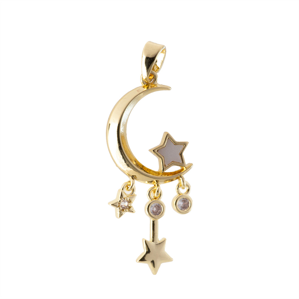 Dije Luna con Estrellas Colgantes y Circonia 18.5x12mm Dorado