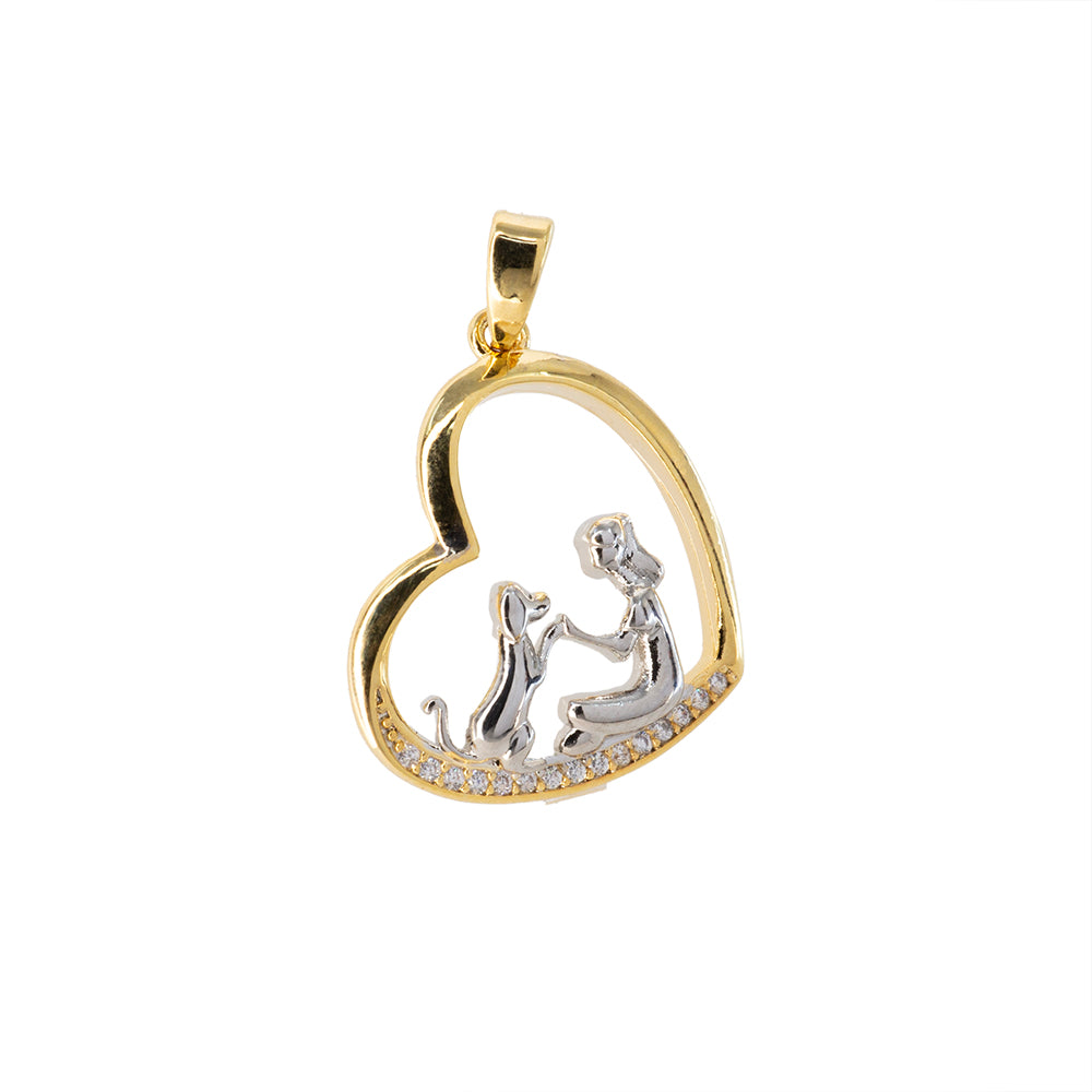 Dije Corazon Mujer con Perro y Circonia 21x18mm Dorado Plateado