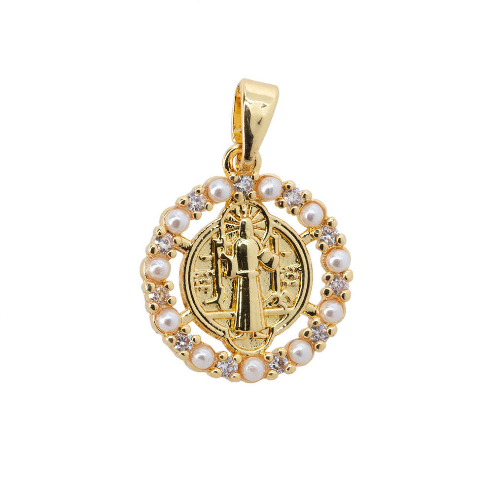 Dije San Benito con Perlas y Circonia 17x15mm Dorado