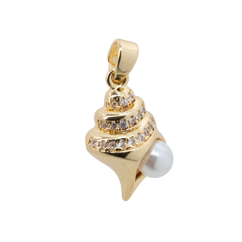 Dije Caracol con Perla y Circonia 17.5x9.5mm Dorado