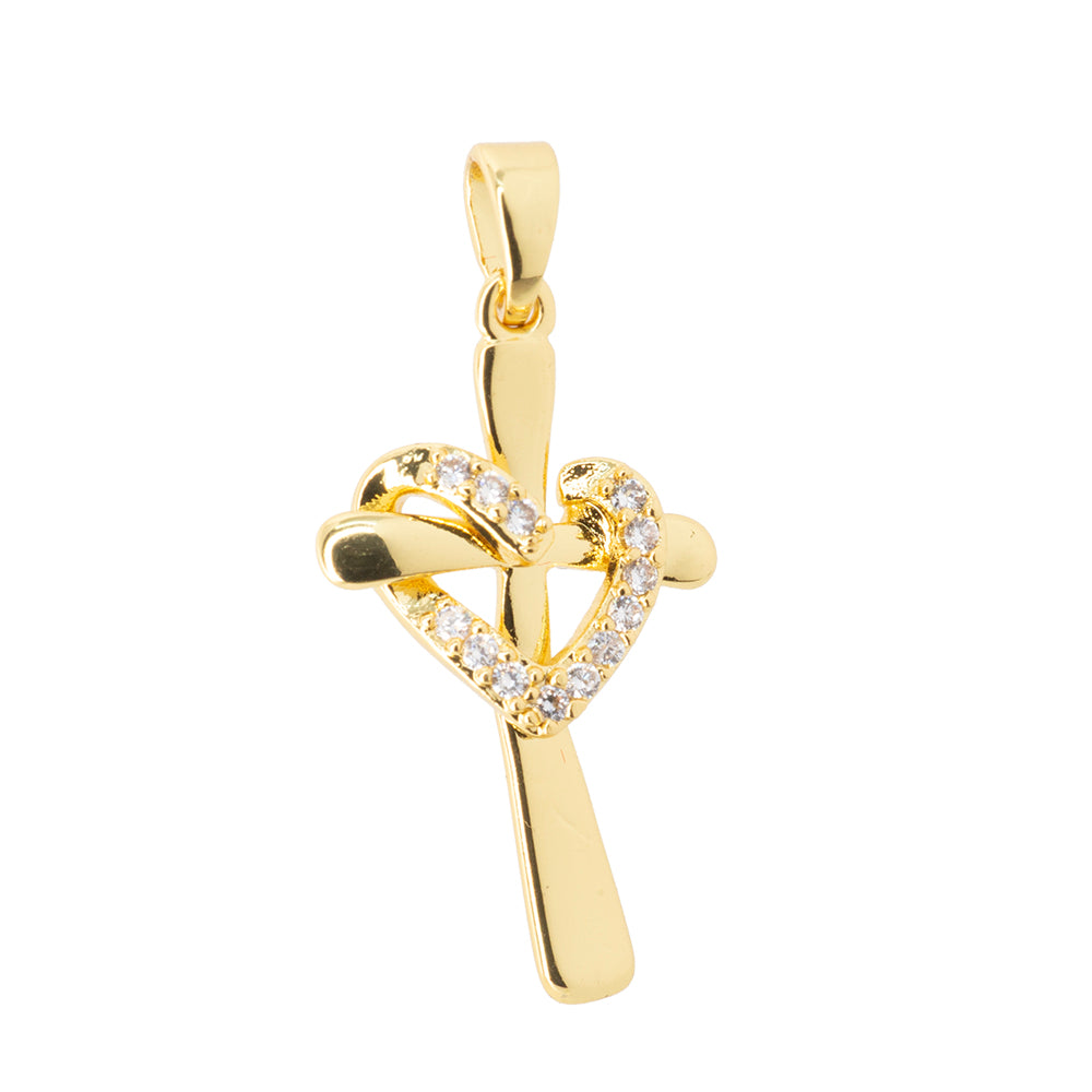Dije Cruz con Corazón y Circonia 24.5x14mm Dorado