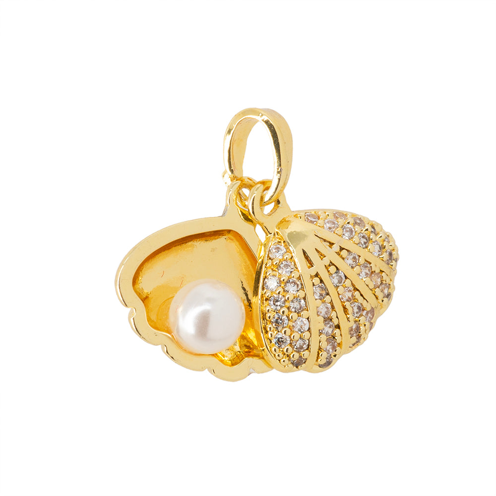 Dije Concha de Mar con Perla y Circonia 13.5x13mm Dorado