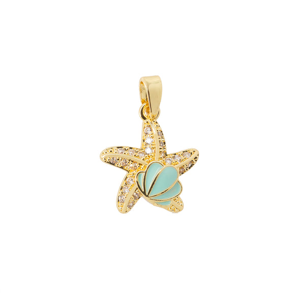 Dije Estrella de Mar con Concha Esmaltada Azul y Circonia 16x14.5mm Dorado
