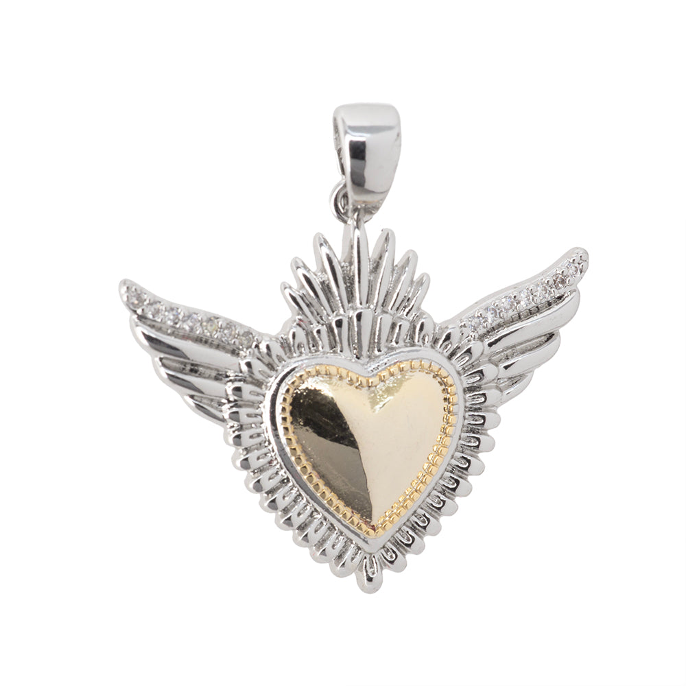 Dije Corazón con Alas y Circonia 26x30mm Dorado Plateado