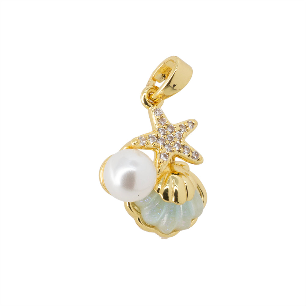 Dije Concha Estrella de Mar con Circonia y Perla 17.5x13.5mm Dorado