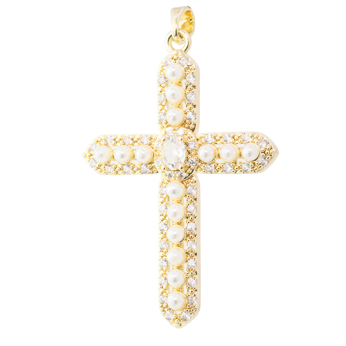 Dije Cruz con Circonia y Mini Perlas 36.5x24.5mm Dorado