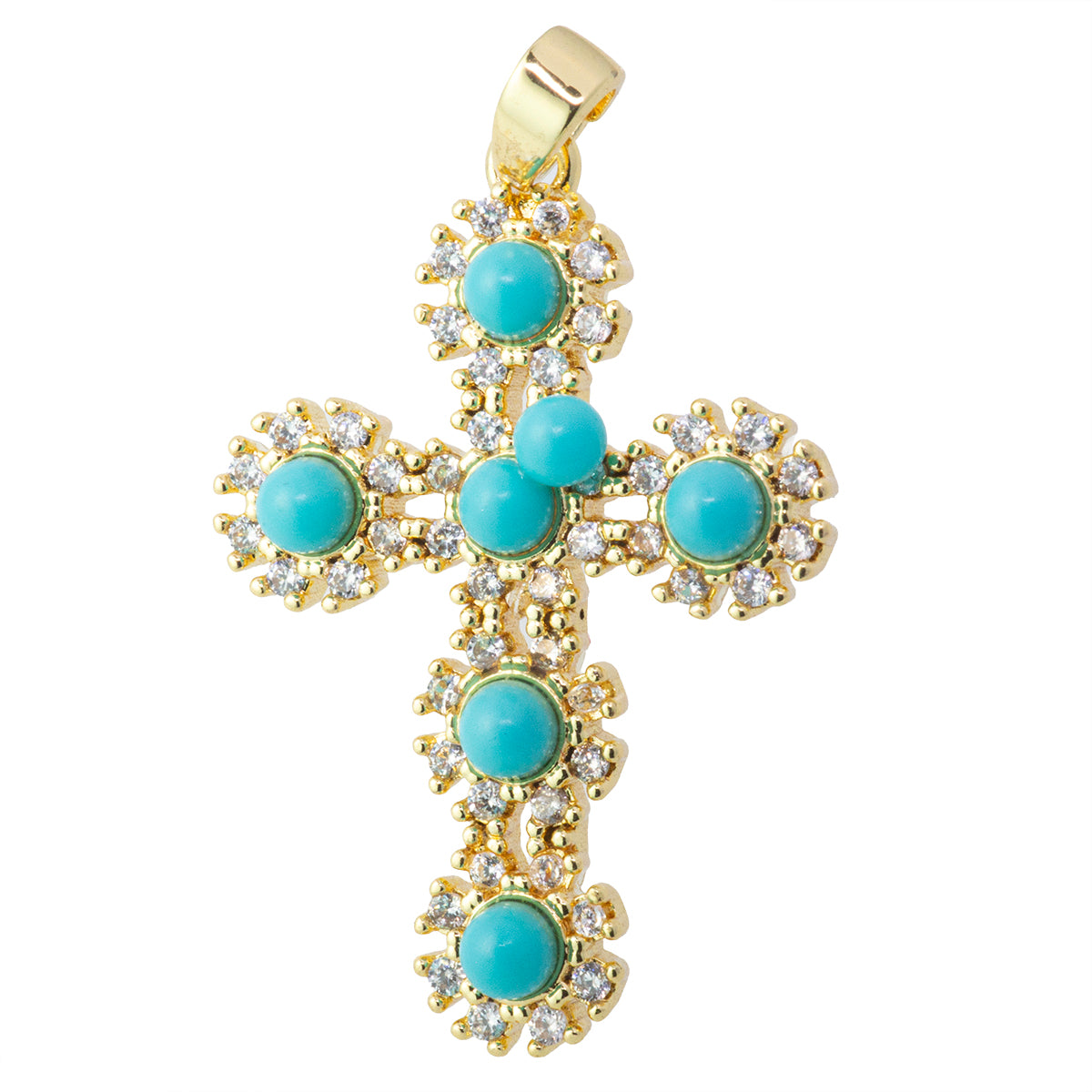Dije Cruz con Circonia y Turquesa 29x20mm Dorado