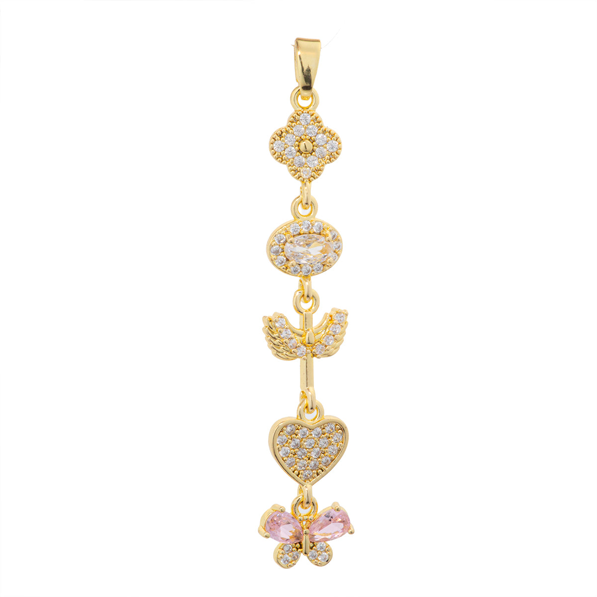 Dije Largo Trébol Corazón con Circonia 45x8mm Dorado