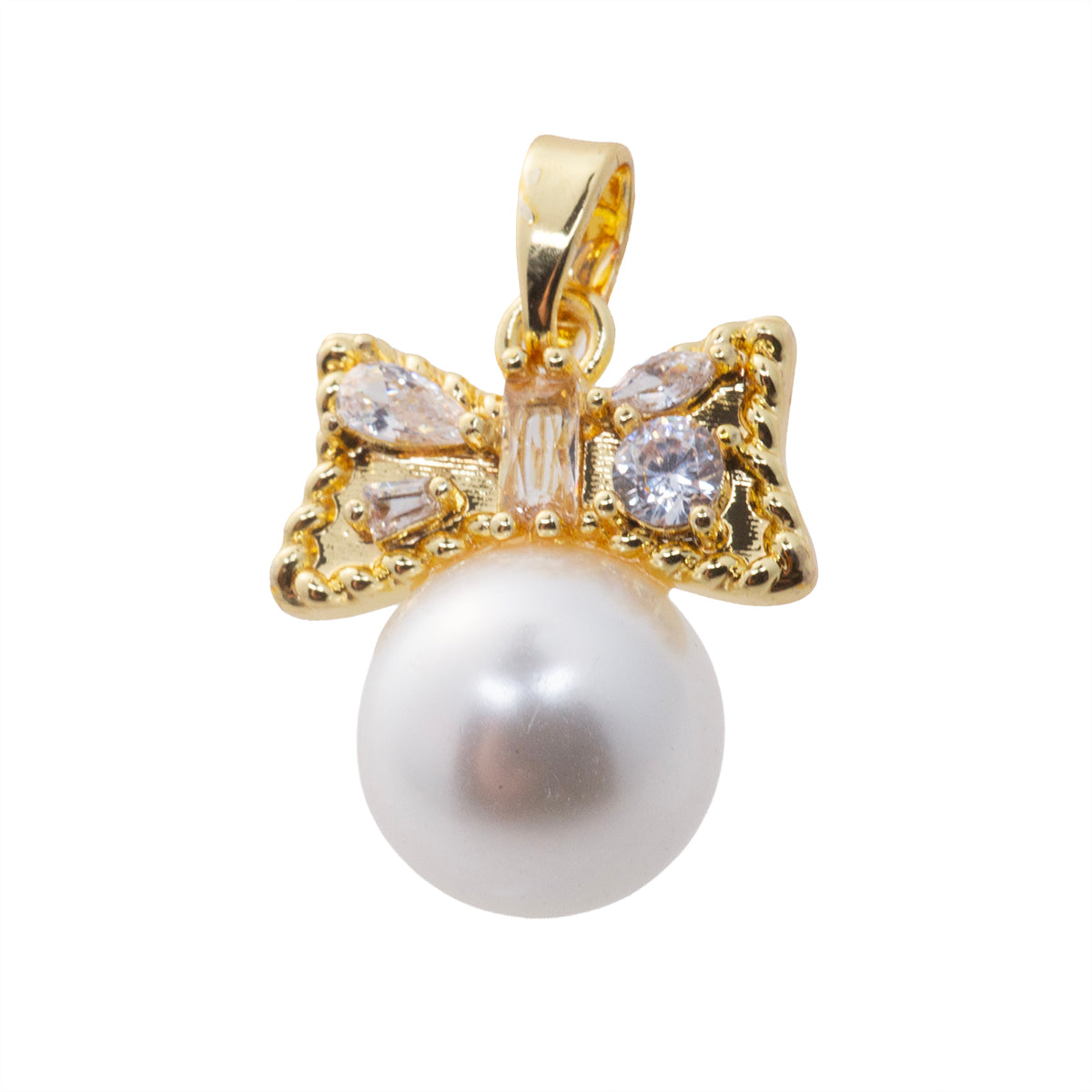 Dije Moño con Perla y Circonia 17x14.5mm Dorado