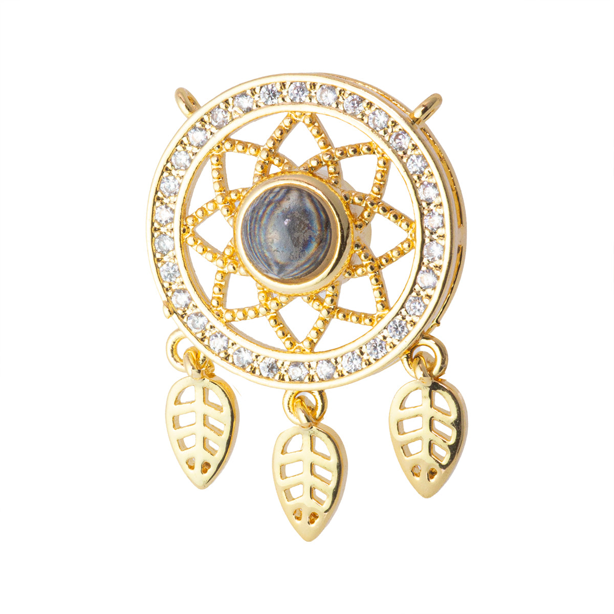 Conector Atrapasueños con Piedra Negra y Circonia 16.5x18.5mm Dorado