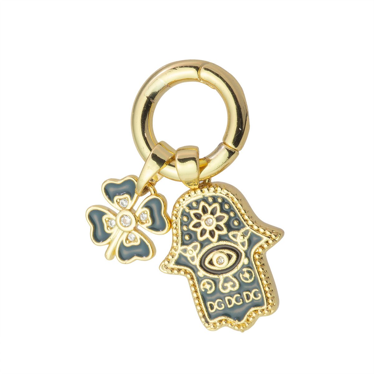 Broche con Multi Dije Trébol Hamsa con Circonia 14mm Dorado