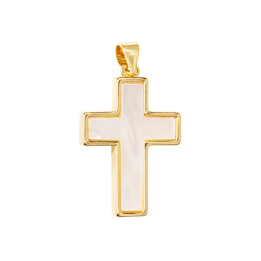 Dije Chapa Cruz con Madre Perla 26x18mm Dorado