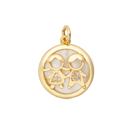 Dije Chapa con Madre Perla Niño y Niña 17x15mm Dorado