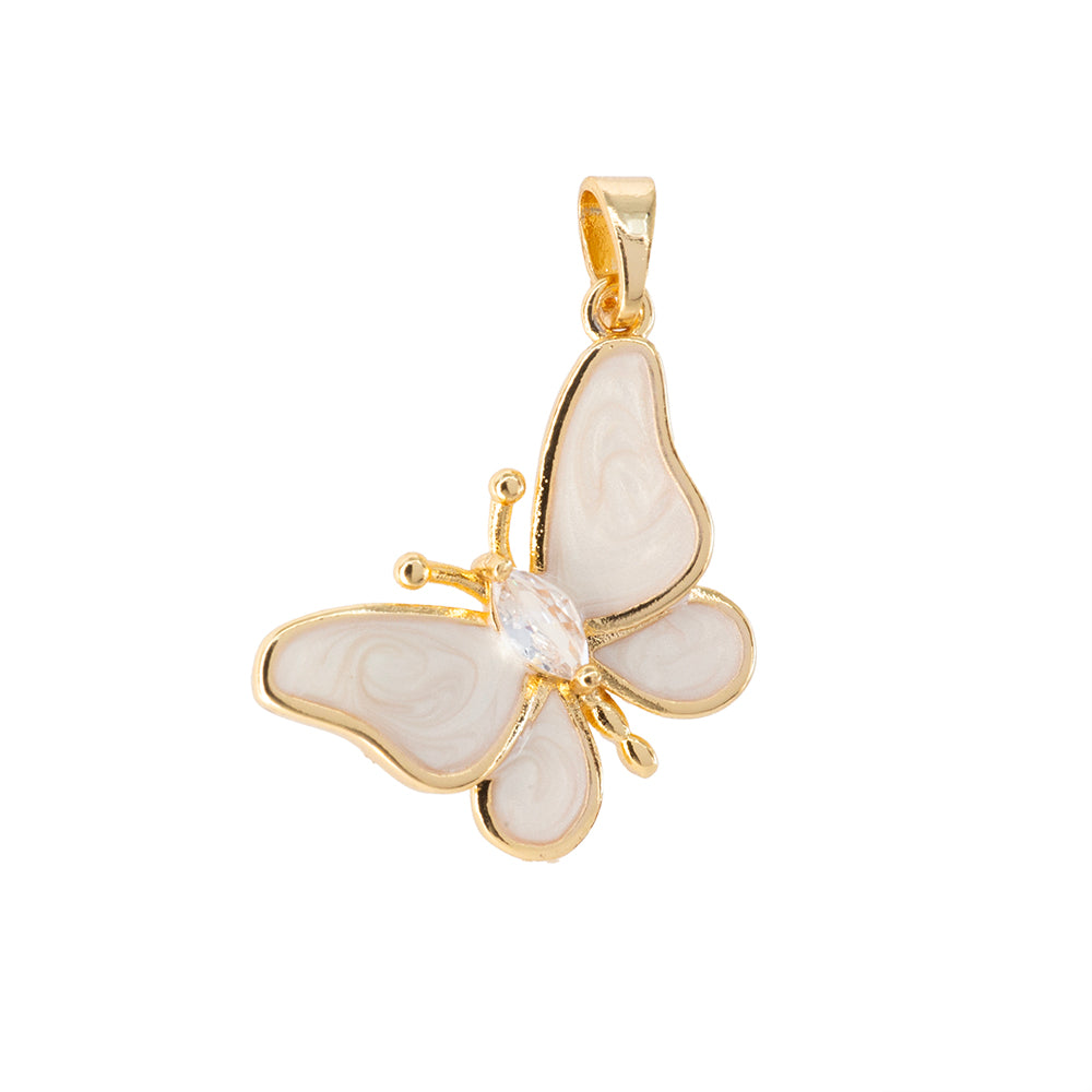 Dije Mariposa Esmaltado Blanco con Circonia 24.5x16mm Dorado