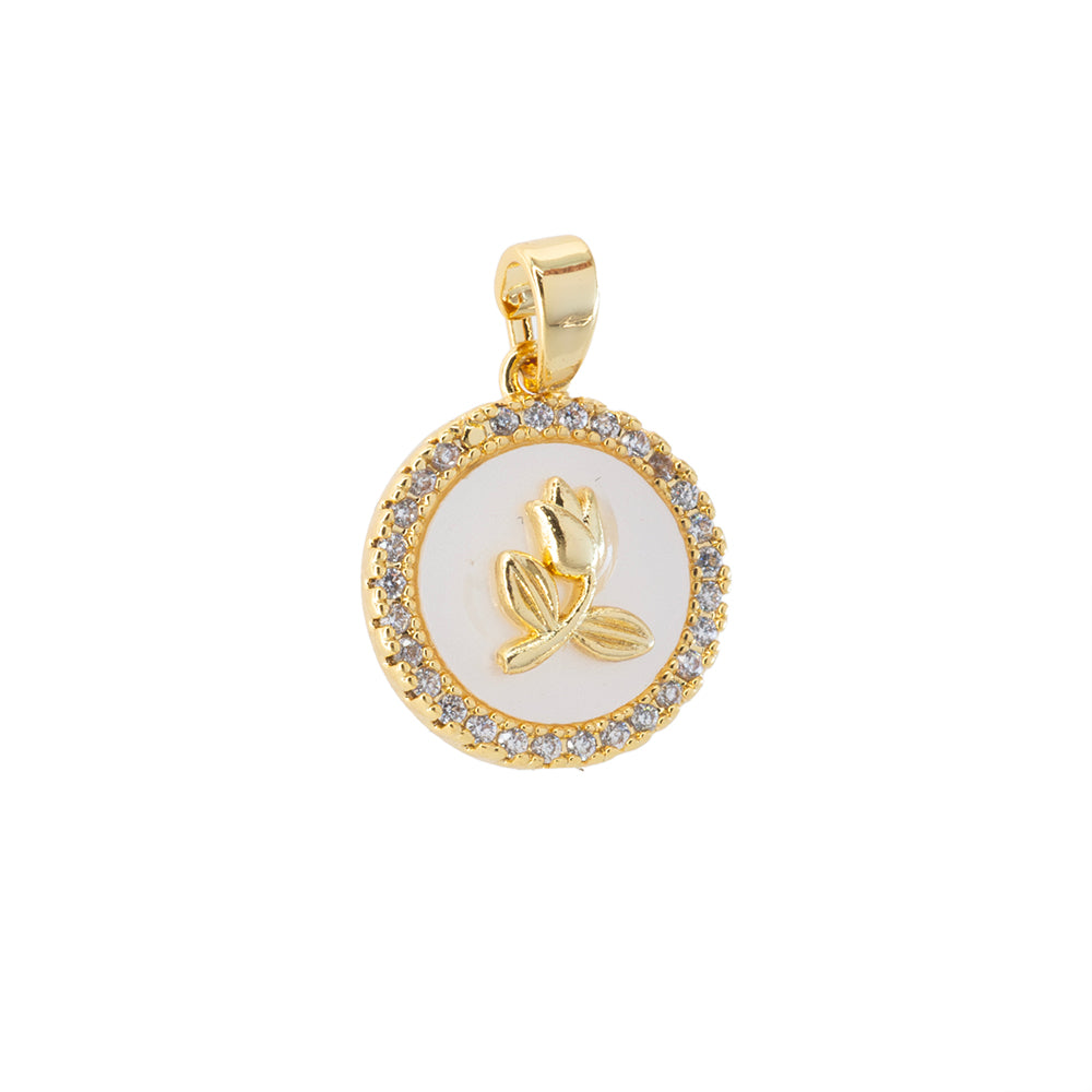 Dije Rosa con Madre Perla y Circonia Circular 15x13.5mm Dorado